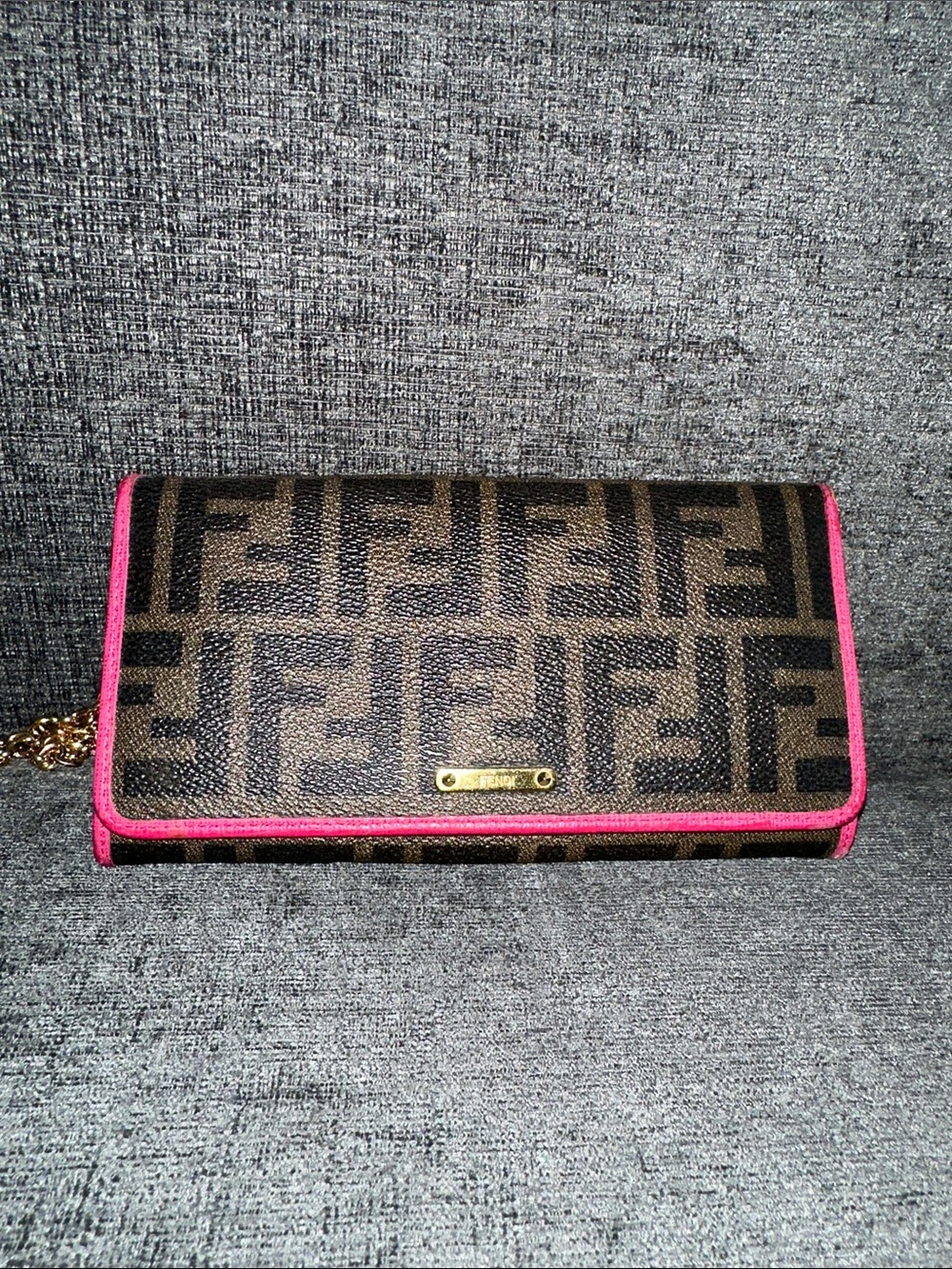 Authentic Fendi Brown Monogram Wallet Clutch with Pink Trim